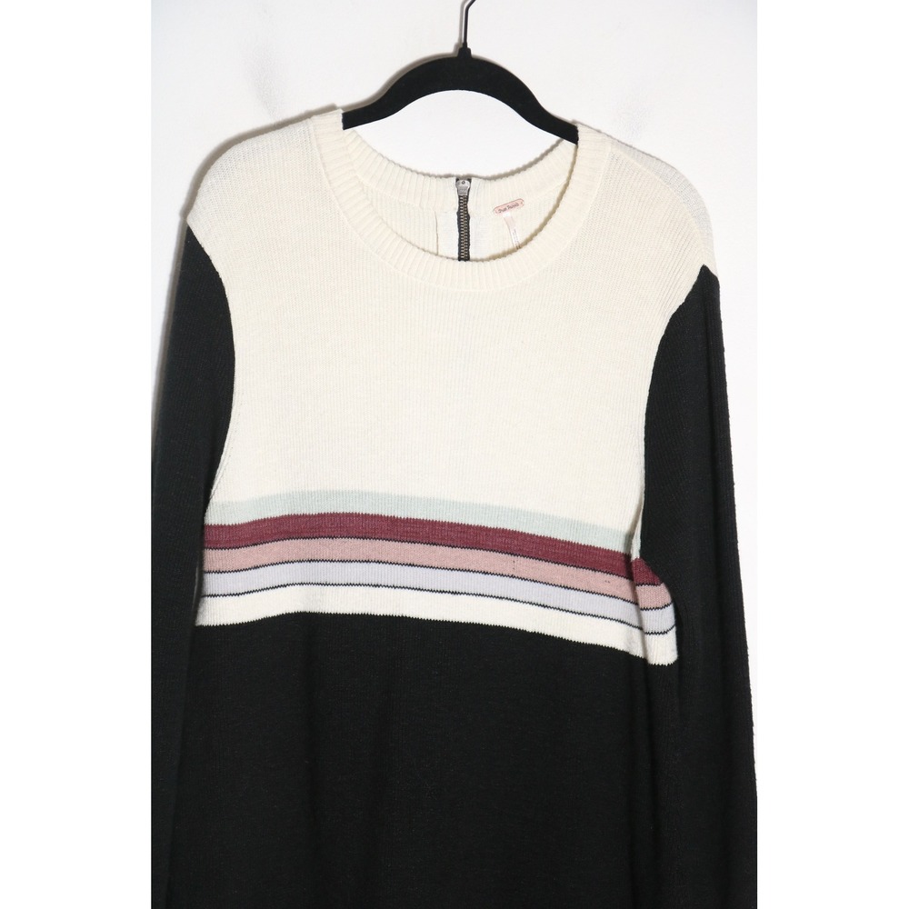 Free People Colorblock Striped Mini Sweater Dress Large Cotton Linen Boho Retro - Picture 3 of 6